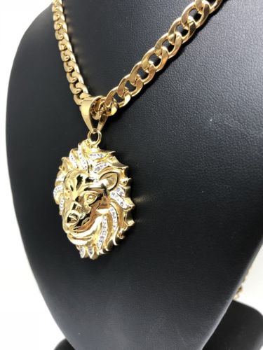Iced Out Hip Hop Gold Plated Lion Face Head CZ Pendant 30" Cuban Link Chain 7mm - Image 6