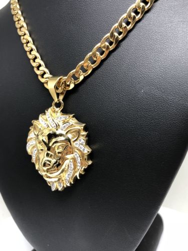 Iced Out Hip Hop Gold Plated Lion Face Head CZ Pendant 30" Cuban Link Chain 7mm - Image 7