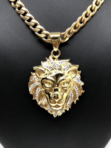 Iced Out Hip Hop Gold Plated Lion Face Head CZ Pendant 30" Cuban Link Chain 7mm - Image 8