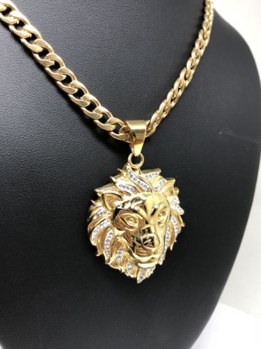 Iced Out Hip Hop Gold Plated Lion Face Head CZ Pendant 30" Cuban Link Chain 7mm - Image 9