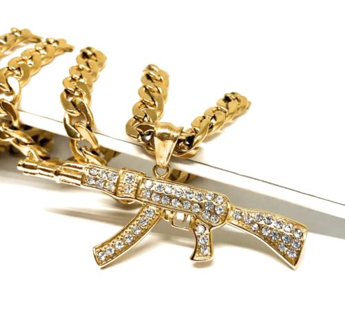 Men Gold Plated Hip Hop Iced Out Ak-47 Machine Gun Pendant 30" Cuban Link Chain 7mm - Image 10