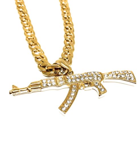 Men Gold Plated Hip Hop Iced Out Ak-47 Machine Gun Pendant 30" Cuban Link Chain 7mm - Image 3