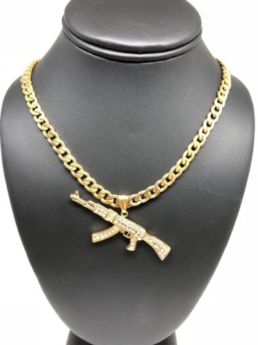 Men Gold Plated Hip Hop Iced Out Ak-47 Machine Gun Pendant 30" Cuban Link Chain 7mm - Image 4
