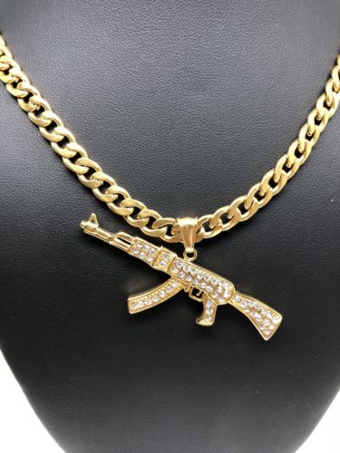 Men Gold Plated Hip Hop Iced Out Ak-47 Machine Gun Pendant 30" Cuban Link Chain 7mm - Image 5