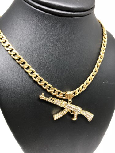 Men Gold Plated Hip Hop Iced Out Ak-47 Machine Gun Pendant 30" Cuban Link Chain 7mm - Image 6