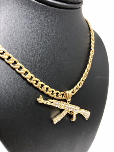 Men Gold Plated Hip Hop Iced Out Ak-47 Machine Gun Pendant 30" Cuban Link Chain 7mm - Image 7