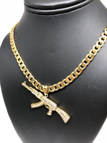 Men Gold Plated Hip Hop Iced Out Ak-47 Machine Gun Pendant 30" Cuban Link Chain 7mm - Image 8