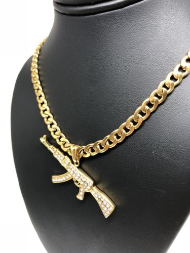 Men Gold Plated Hip Hop Iced Out Ak-47 Machine Gun Pendant 30" Cuban Link Chain 7mm - Image 9