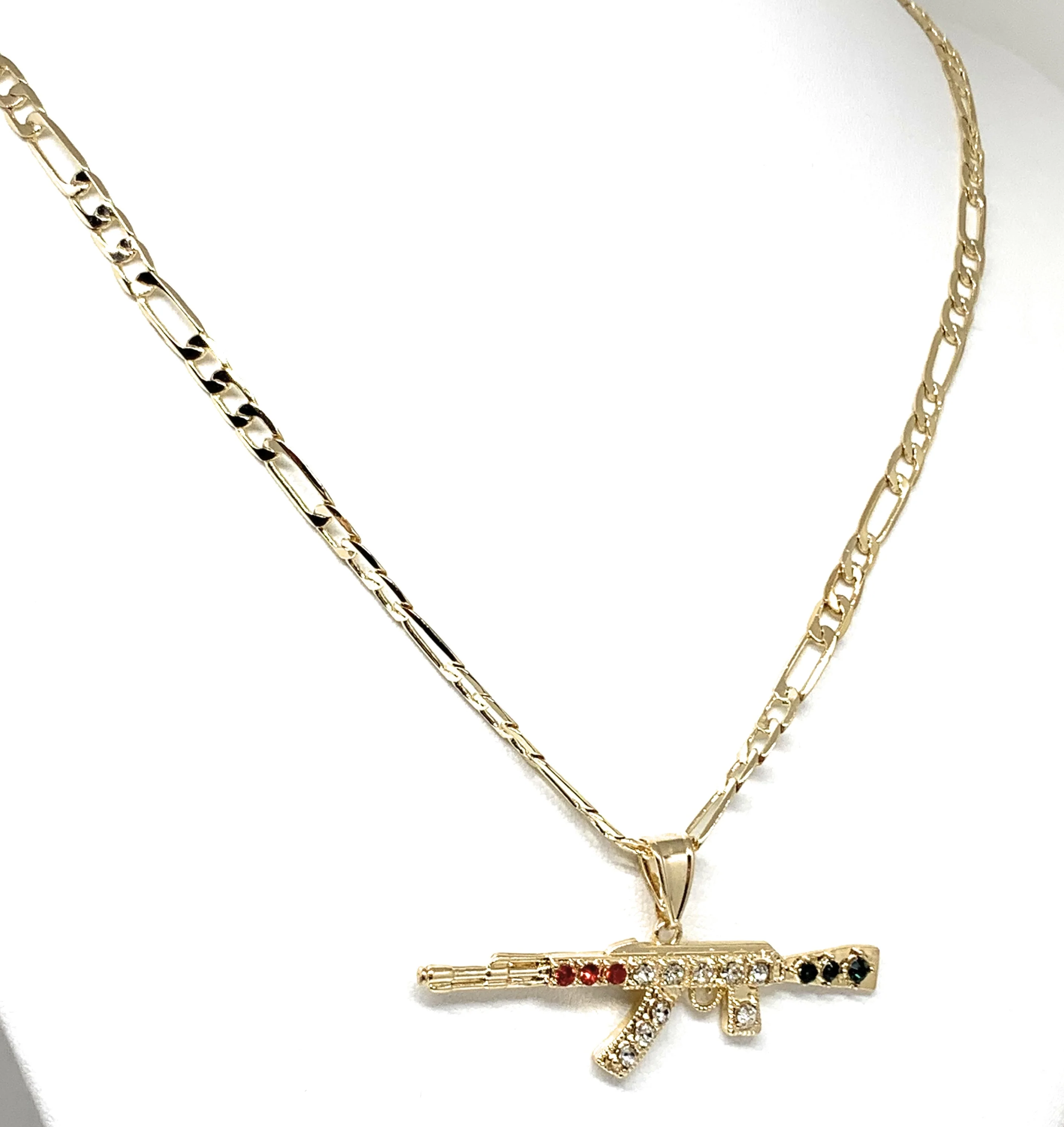 Men Gold Plated Iced Out Ak-47 Machine Gun Pendant 26 inch figaro chain - Image 6