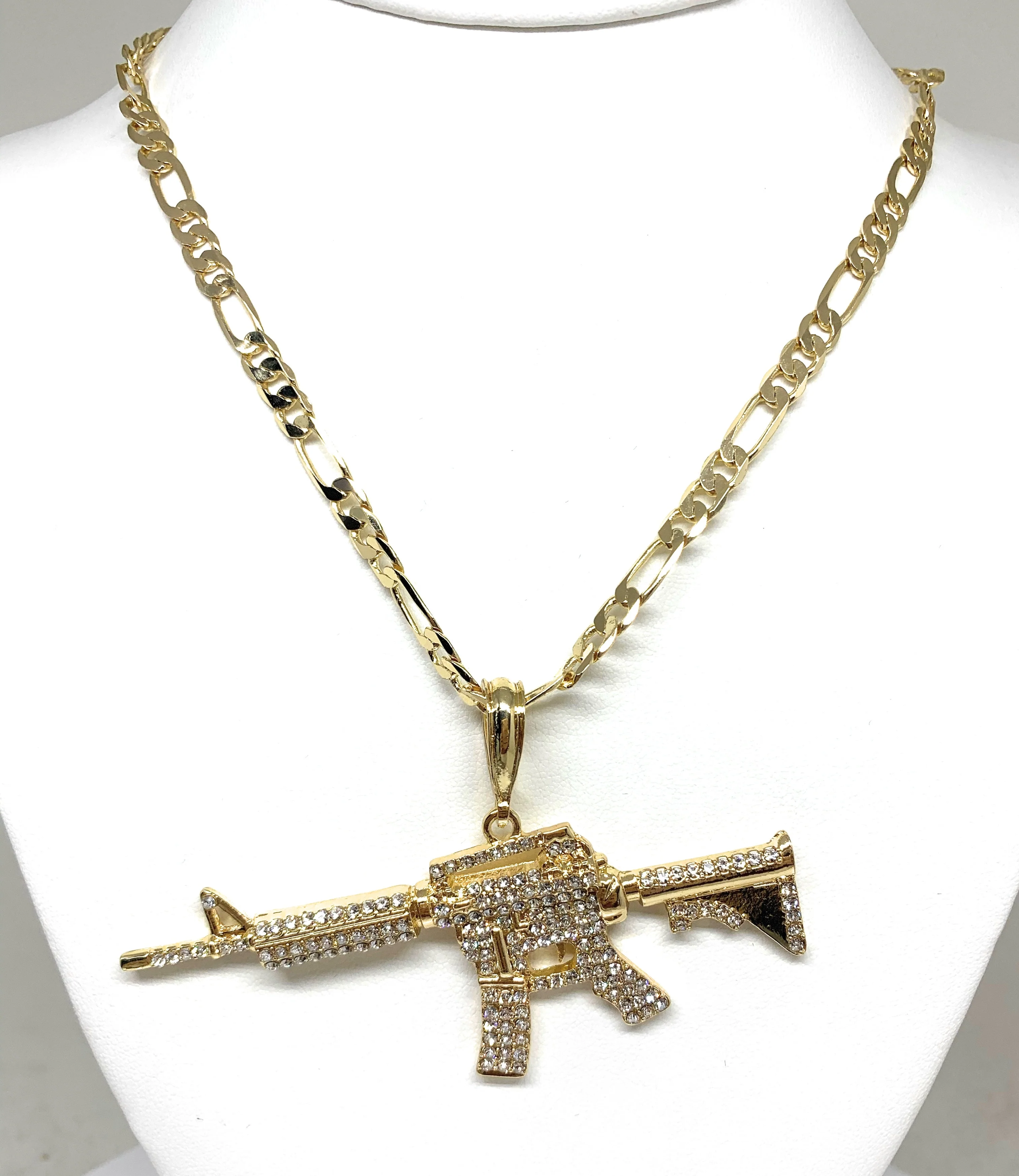 Men Gold Plated Iced Out Cueno de Chivo Ak-47 Machine Gun Pendant 26 inch figaro chain - Image 4