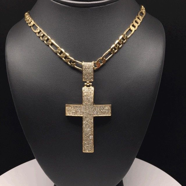 Men Hip Hop Gold Plated Iced Out Cross CZ Pendant Necklace 26" Figaro Chain 7mm