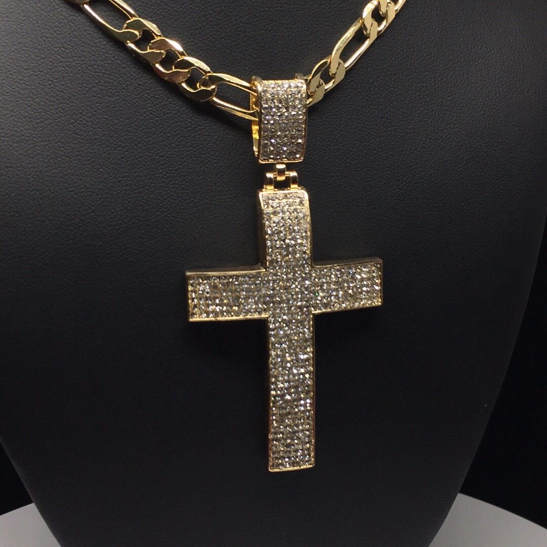 Men Hip Hop Gold Plated Iced Out Cross CZ Pendant Necklace 26" Figaro Chain 7mm - Image 10