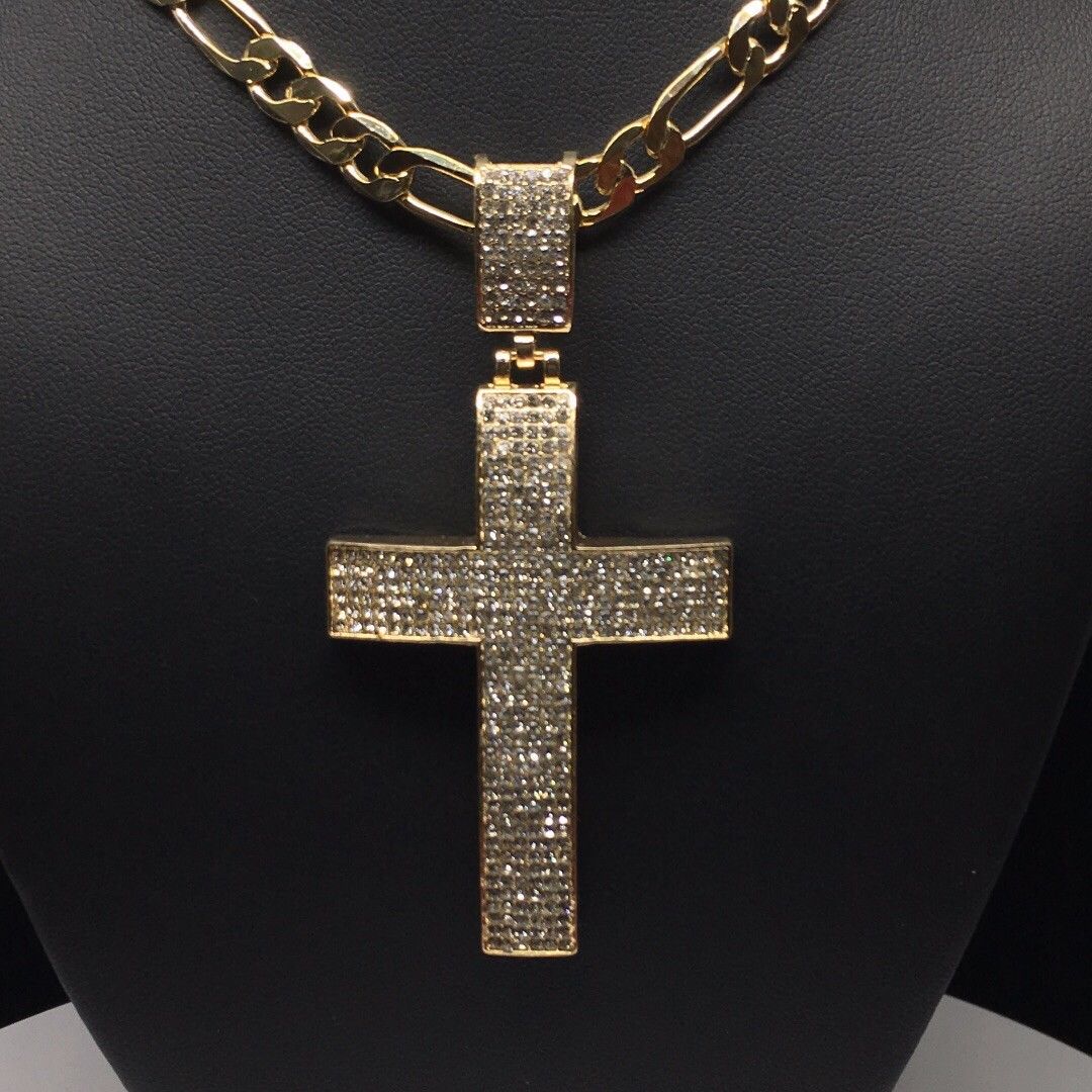 Men Hip Hop Gold Plated Iced Out Cross CZ Pendant Necklace 26" Figaro Chain 7mm - Image 11