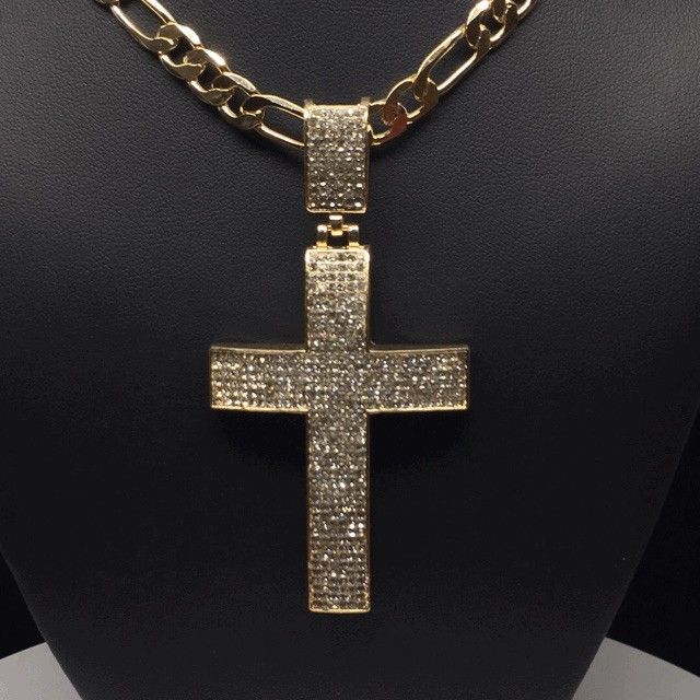 Men Hip Hop Gold Plated Iced Out Cross CZ Pendant Necklace 26" Figaro Chain 7mm - Image 2