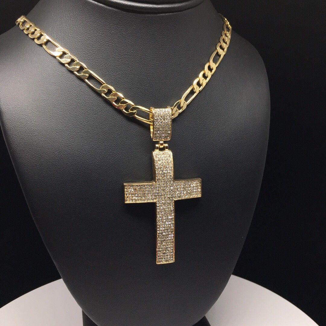 Men Hip Hop Gold Plated Iced Out Cross CZ Pendant Necklace 26" Figaro Chain 7mm - Image 3