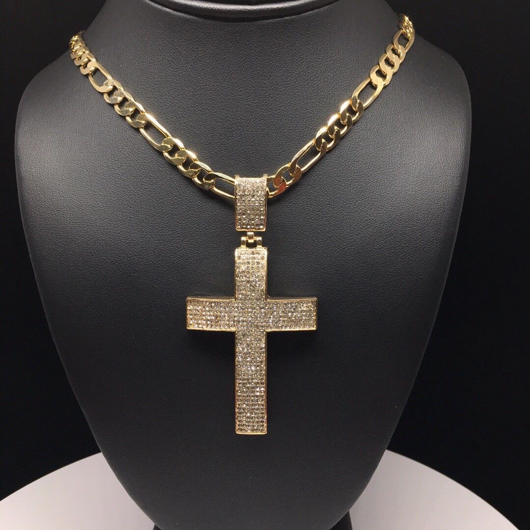 Men Hip Hop Gold Plated Iced Out Cross CZ Pendant Necklace 26" Figaro Chain 7mm - Image 4