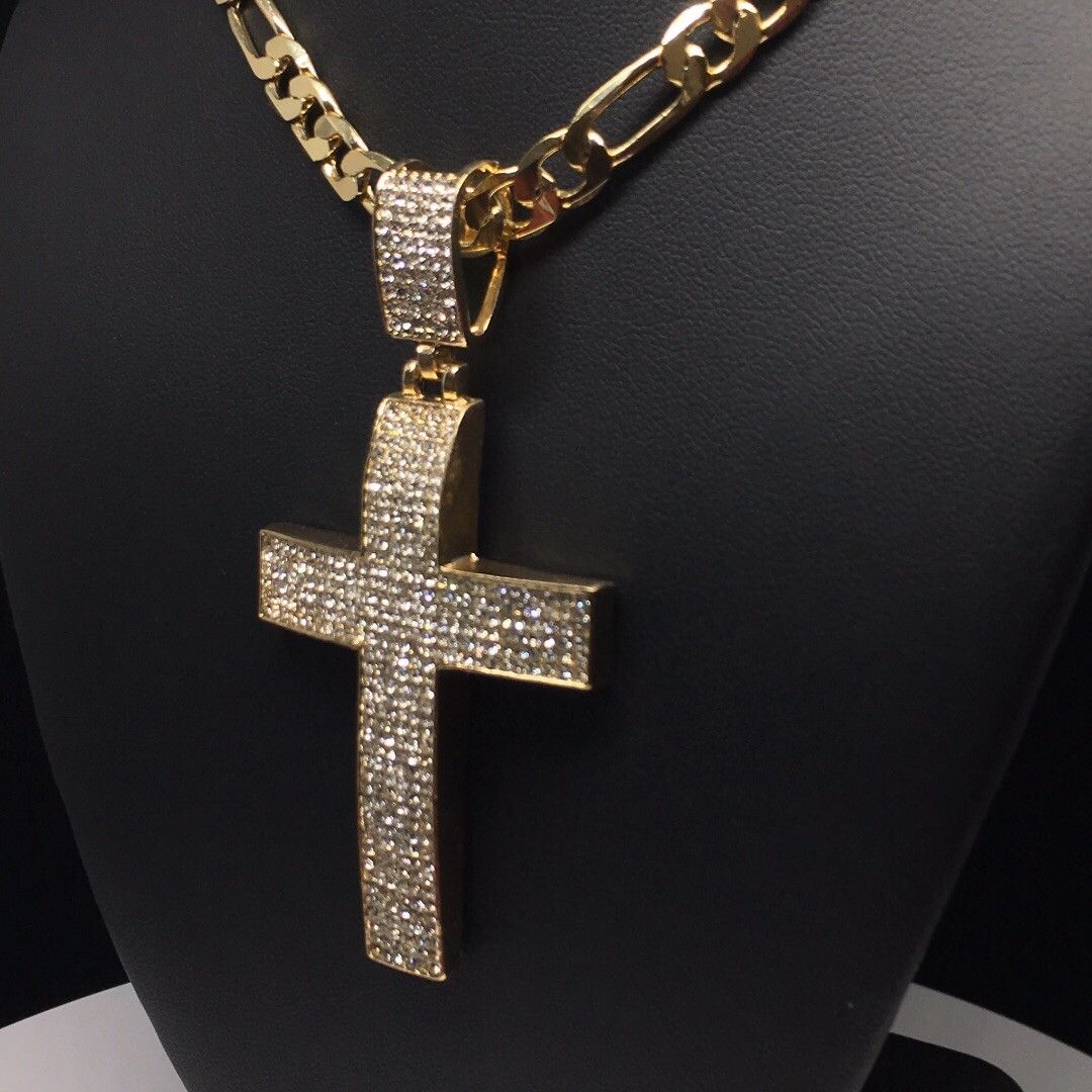 Men Hip Hop Gold Plated Iced Out Cross CZ Pendant Necklace 26" Figaro Chain 7mm - Image 5