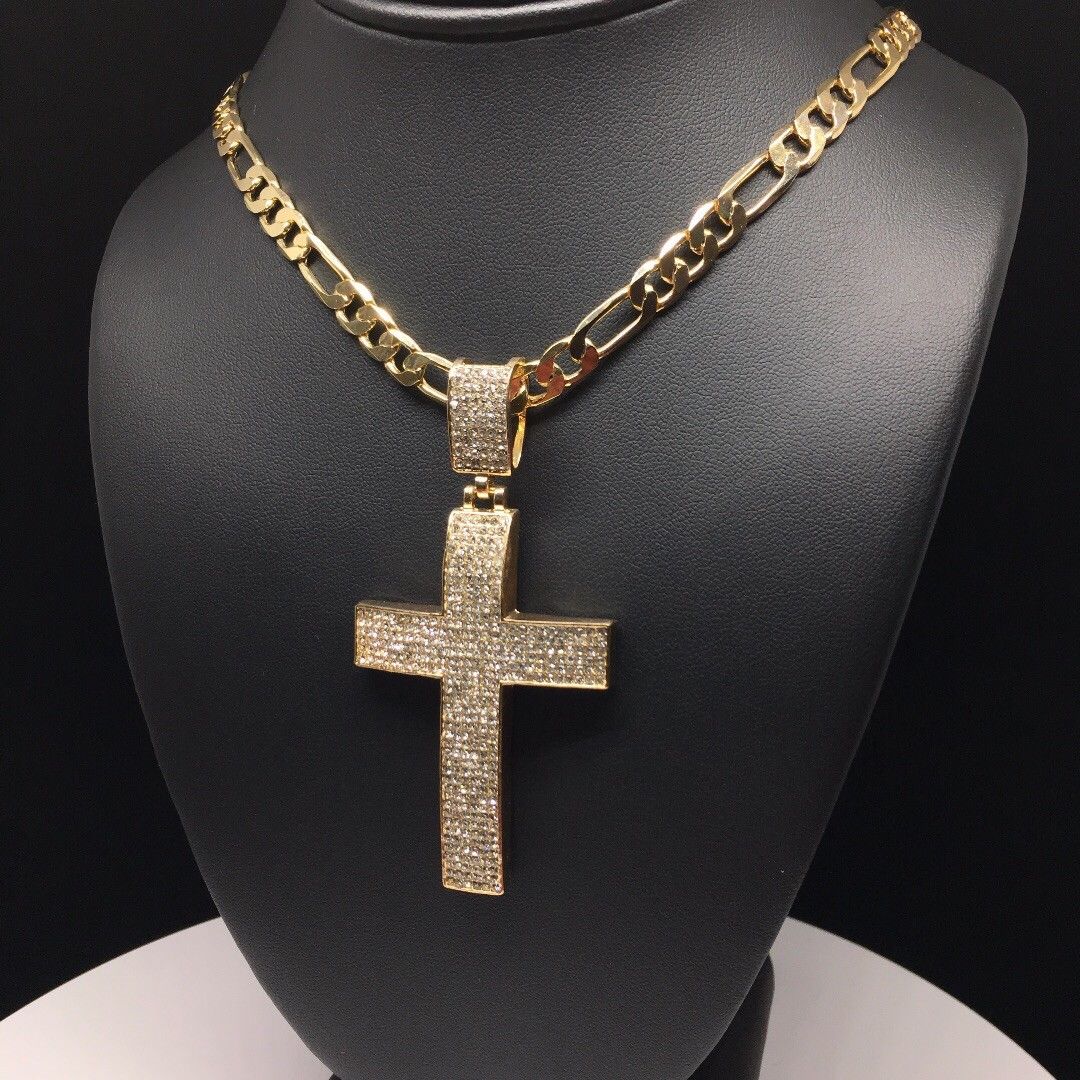 Men Hip Hop Gold Plated Iced Out Cross CZ Pendant Necklace 26" Figaro Chain 7mm - Image 6