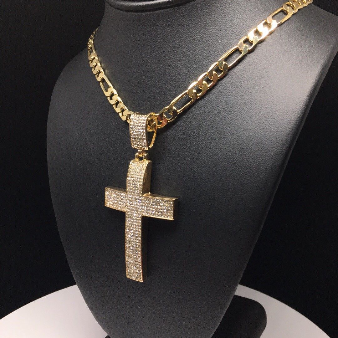 Men Hip Hop Gold Plated Iced Out Cross CZ Pendant Necklace 26" Figaro Chain 7mm - Image 7