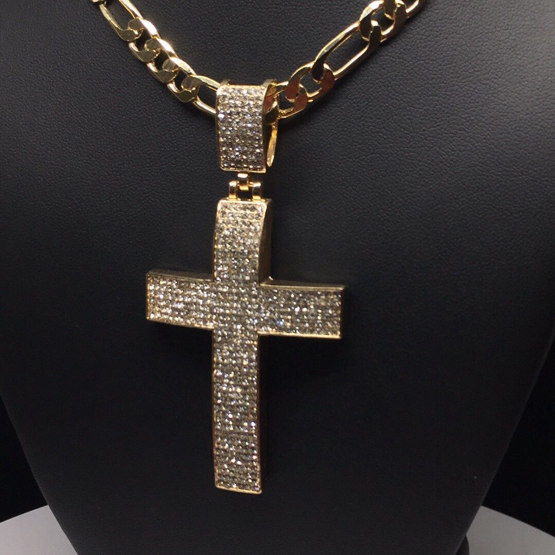 Men Hip Hop Gold Plated Iced Out Cross CZ Pendant Necklace 26" Figaro Chain 7mm - Image 8