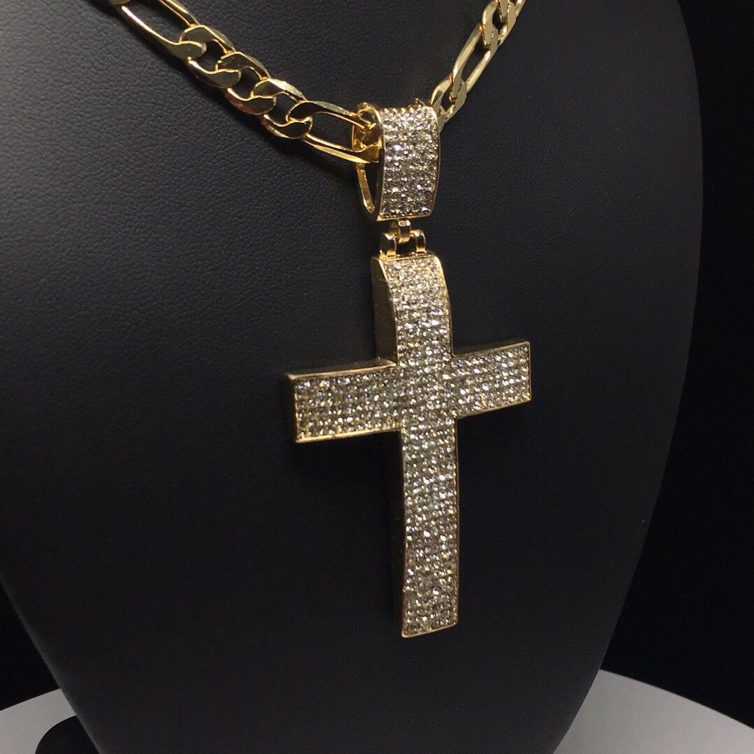 Men Hip Hop Gold Plated Iced Out Cross CZ Pendant Necklace 26" Figaro Chain 7mm - Image 9
