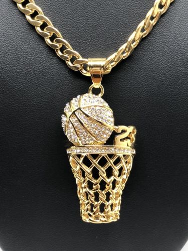 Men Iced Out Hip Hop Gold Plate BasketBall Hoop CZ Pendant 30" Cuban Link Chain - Image 3