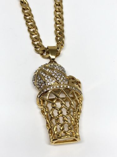 Men Iced Out Hip Hop Gold Plate BasketBall Hoop CZ Pendant 30" Cuban Link Chain - Image 4