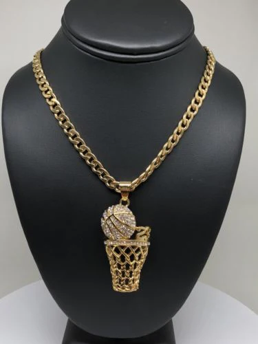 Men Iced Out Hip Hop Gold Plate BasketBall Hoop CZ Pendant 30" Cuban Link Chain - Image 5