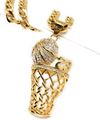 Men Iced Out Hip Hop Gold Plate BasketBall Hoop CZ Pendant 30" Cuban Link Chain - Image 6