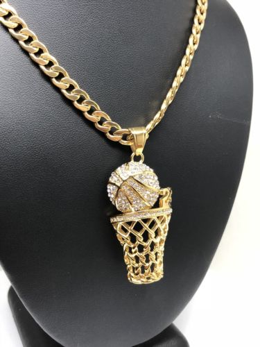 Men Iced Out Hip Hop Gold Plate BasketBall Hoop CZ Pendant 30" Cuban Link Chain - Image 7