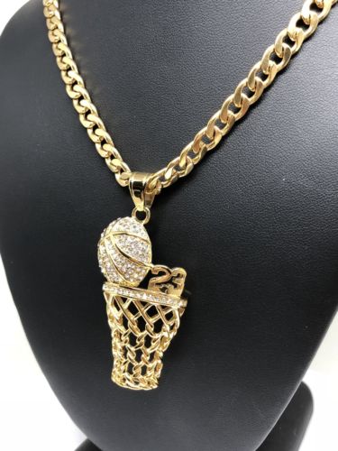 Men Iced Out Hip Hop Gold Plate BasketBall Hoop CZ Pendant 30" Cuban Link Chain - Image 8