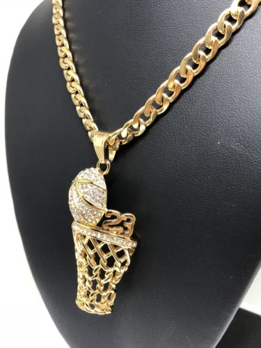 Men Iced Out Hip Hop Gold Plate BasketBall Hoop CZ Pendant 30" Cuban Link Chain - Image 9