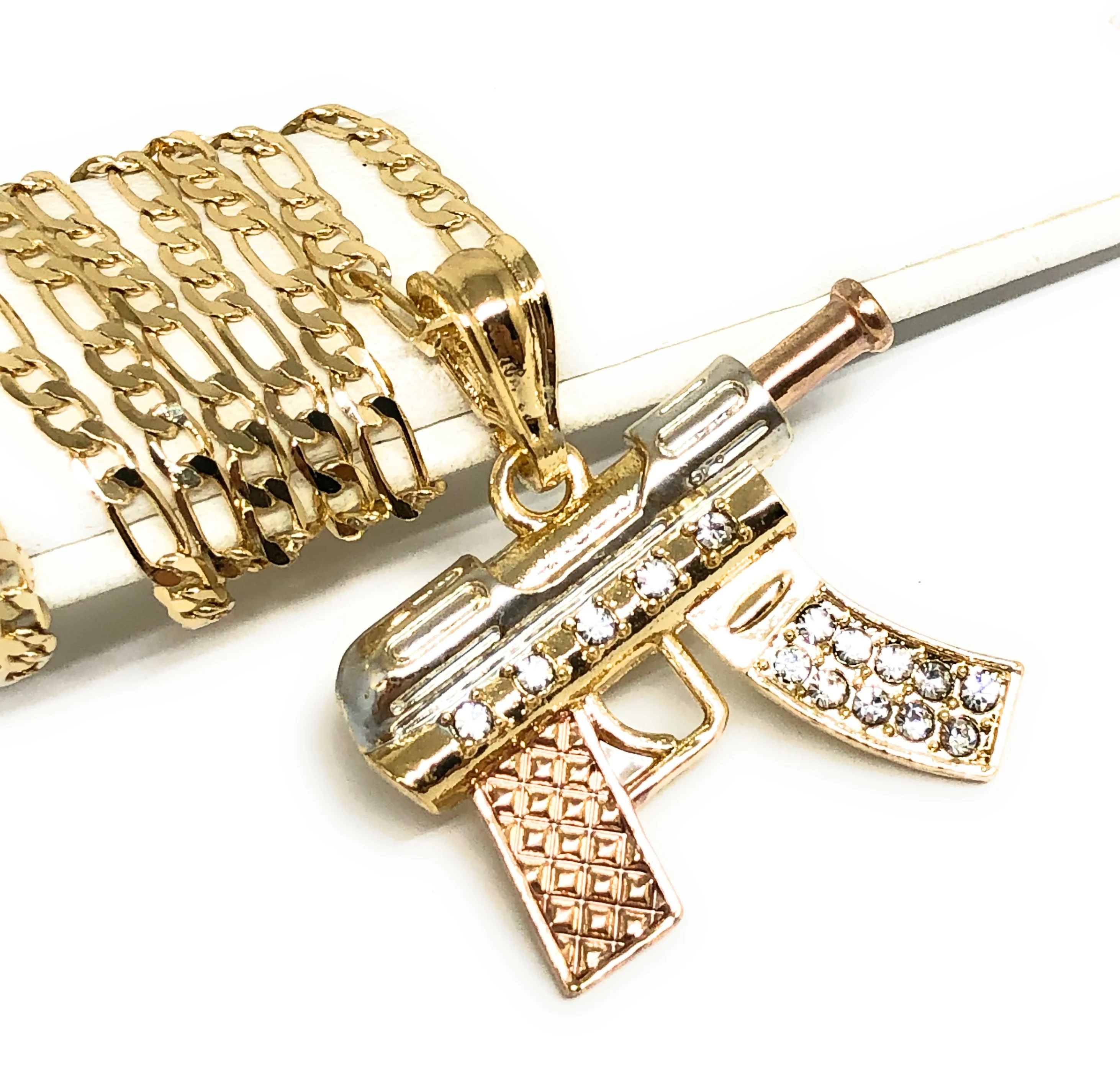 Men's Hip Hop Gold Plated Machine Gun Pendant Necklace 24" Figaro Chain - Image 5