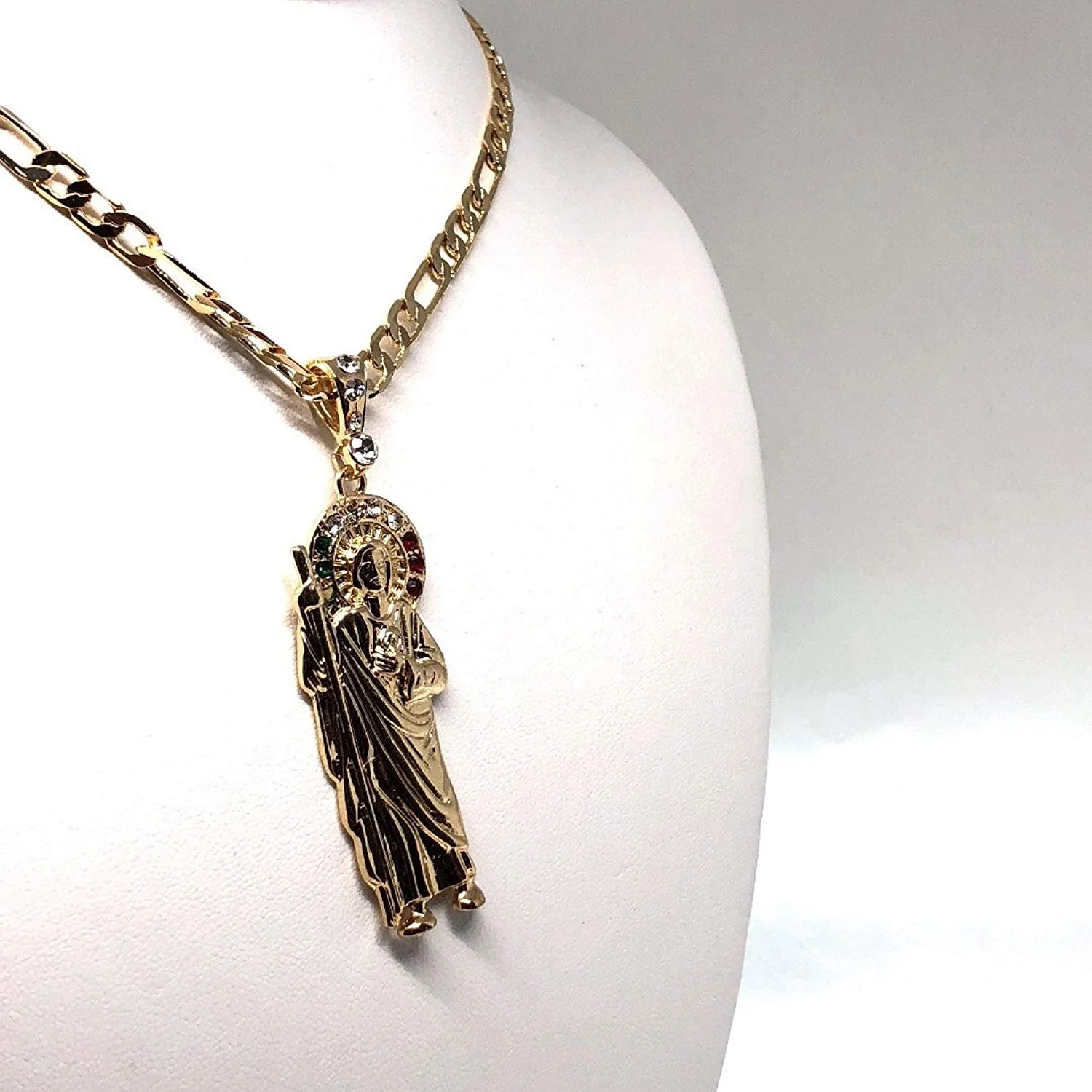 Gold Plated Saint Jude Pendant Necklace Figaro 26" San Judas Tadeo Medalla Con Cadena De Oro Laminado - Image 3