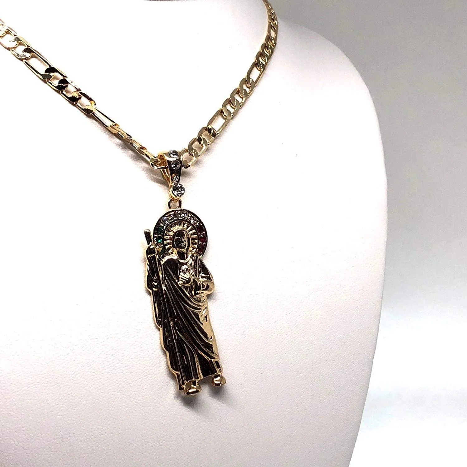 Gold Plated Saint Jude Pendant Necklace Figaro 26" San Judas Tadeo Medalla Con Cadena De Oro Laminado - Image 4