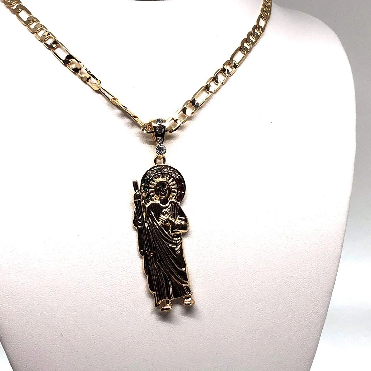 Gold Plated Saint Jude Pendant Necklace Figaro 26" San Judas Tadeo Medalla Con Cadena De Oro Laminado - Image 5