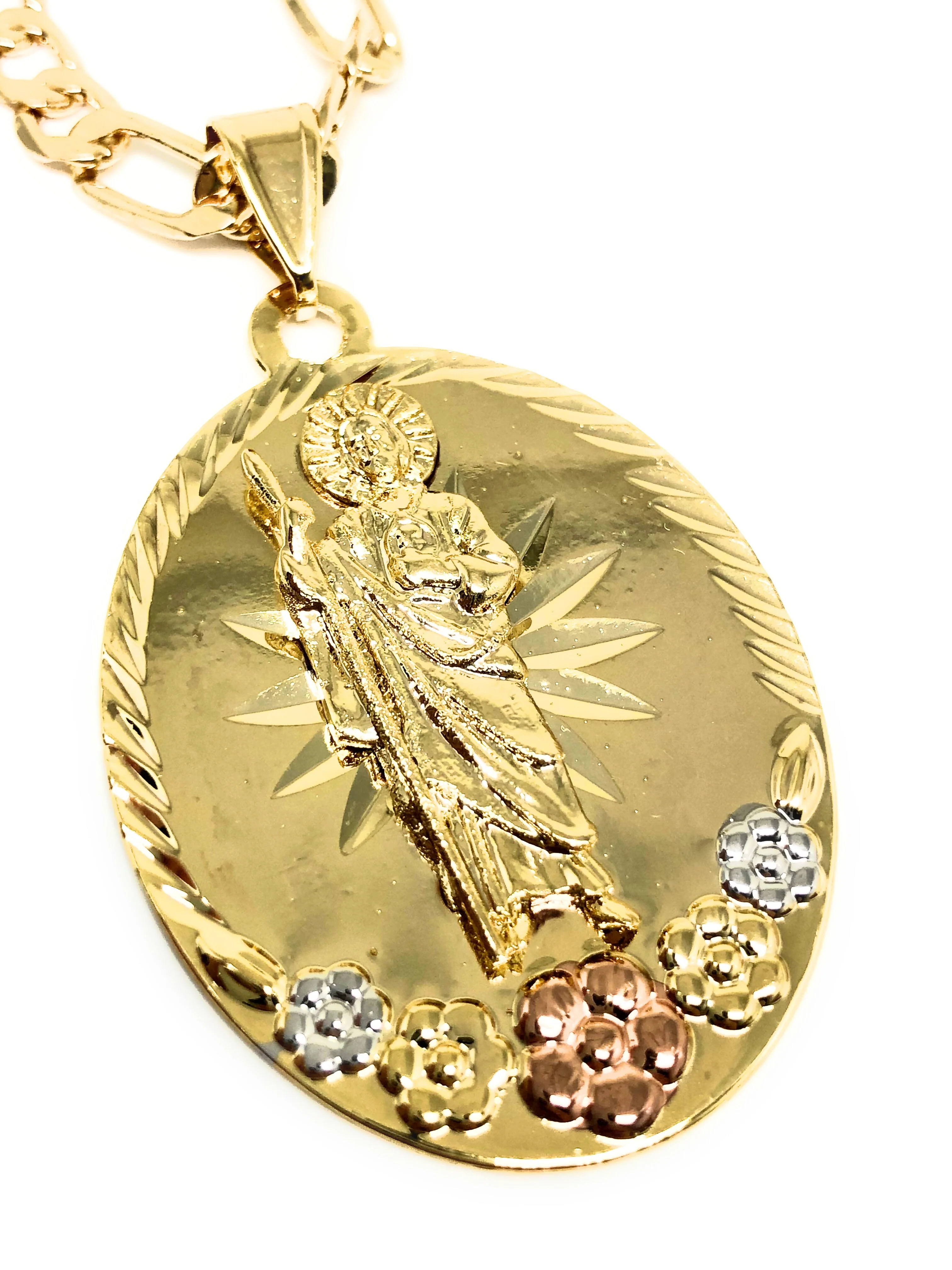 San Judas Tadeo Flores Medalla Gold Plated Saint Jude Pendant Flower Necklace 26" - Image 3