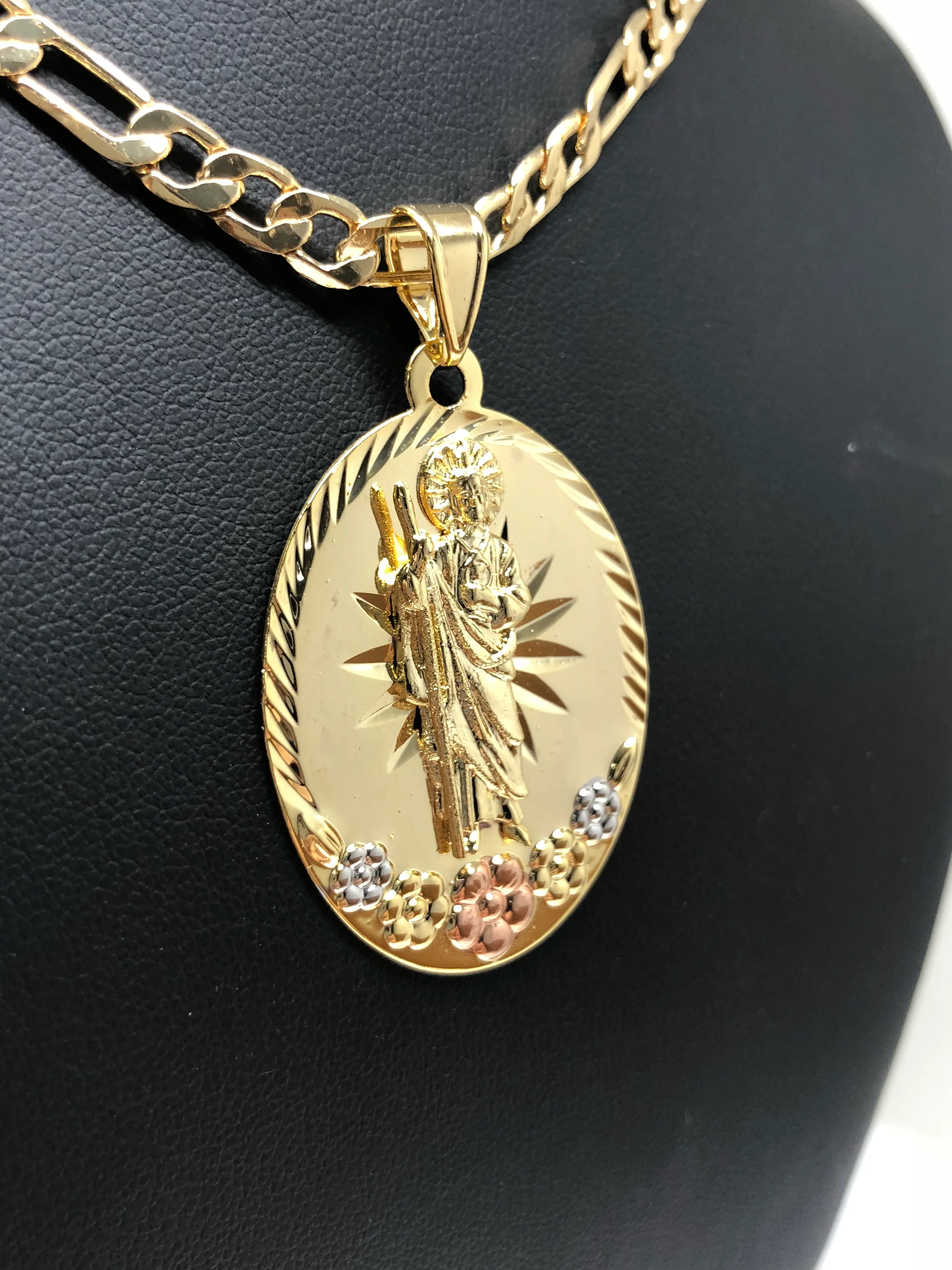 San Judas Tadeo Flores Medalla Gold Plated Saint Jude Pendant Flower Necklace 26" - Image 5
