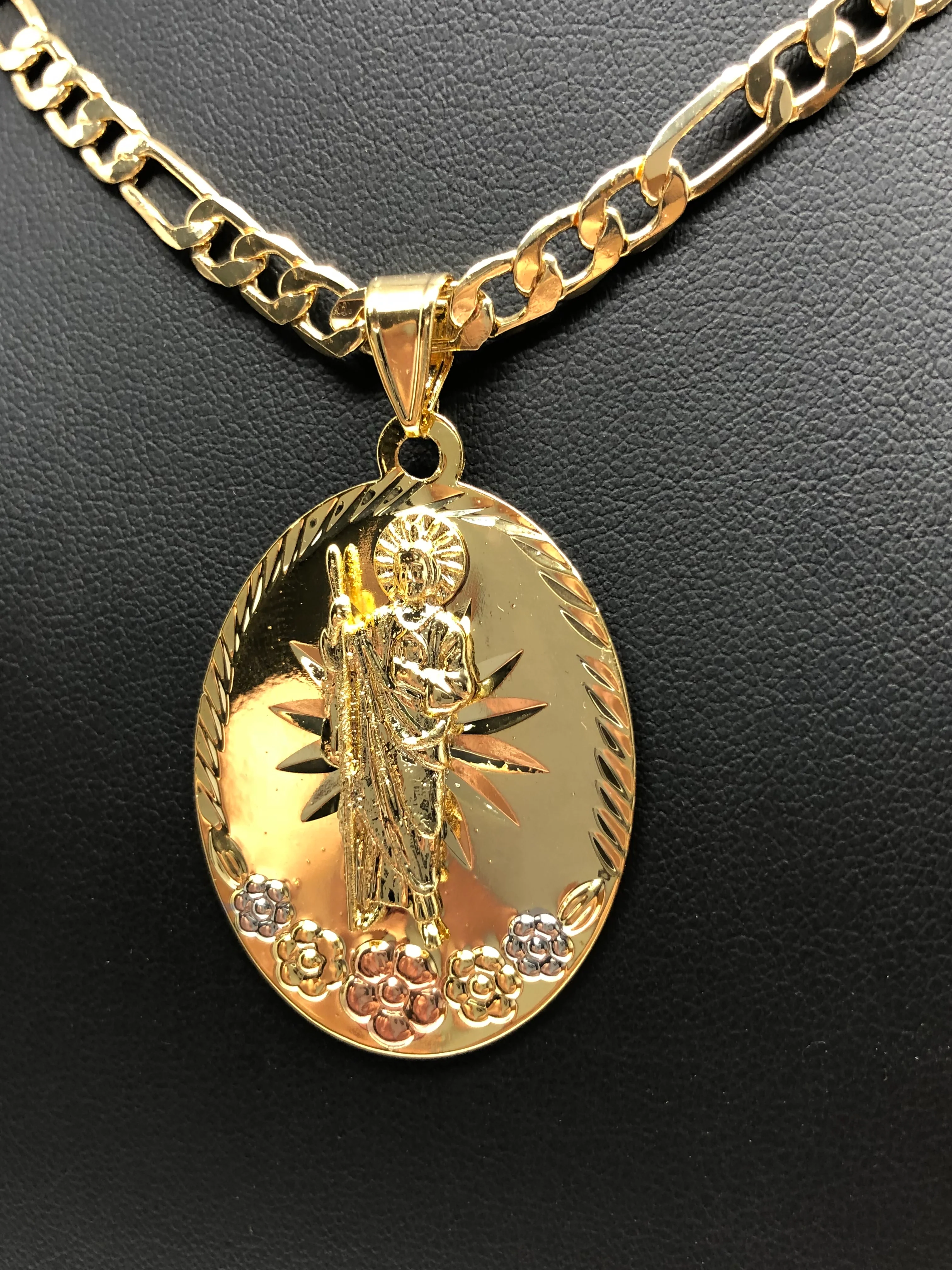 San Judas Tadeo Flores Medalla Gold Plated Saint Jude Pendant Flower Necklace 26" - Image 9