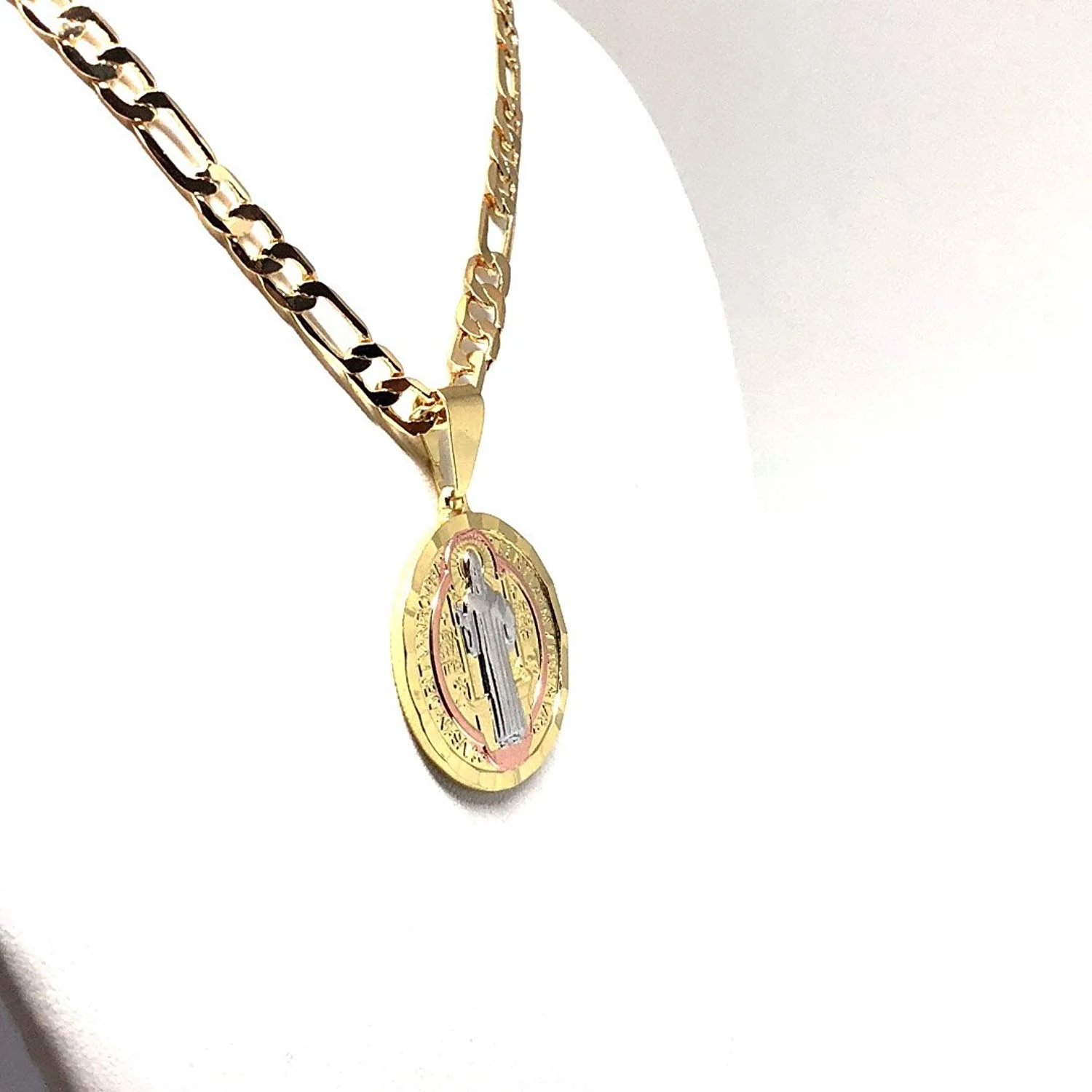 Gold Plated Tri-Color Saint Benedict Medal Necklace Figaro 26" San Benito Medalla Oro Laminado - Image 3