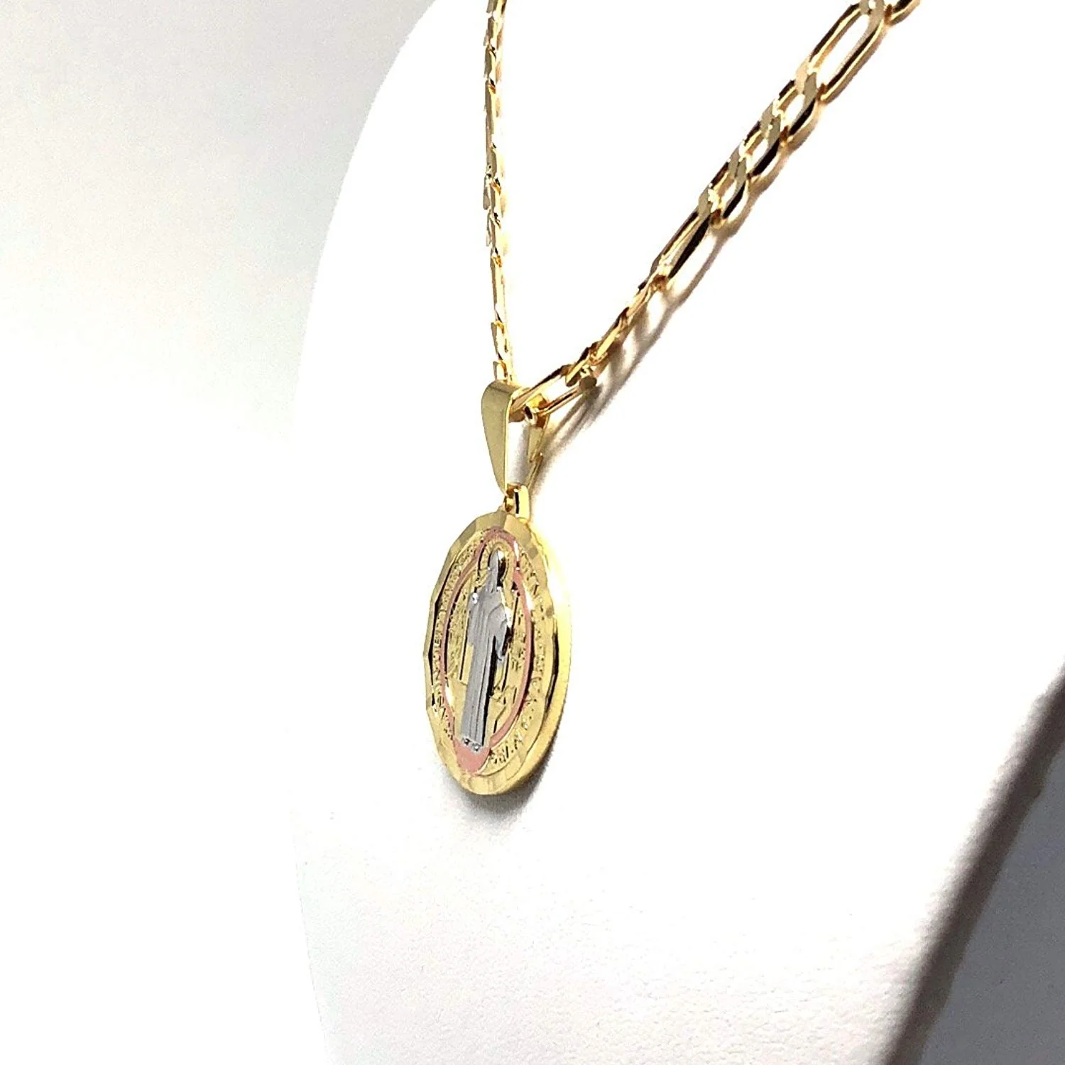Gold Plated Tri-Color Saint Benedict Medal Necklace Figaro 26" San Benito Medalla Oro Laminado - Image 4