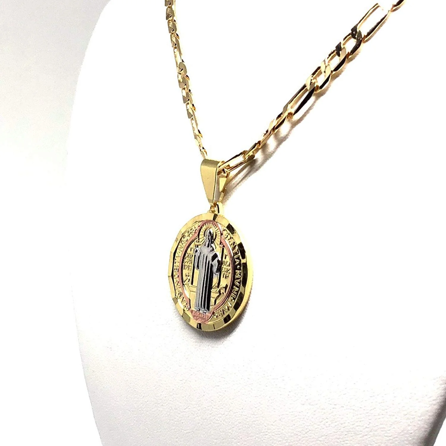 Gold Plated Tri-Color Saint Benedict Medal Necklace Figaro 26" San Benito Medalla Oro Laminado - Image 5