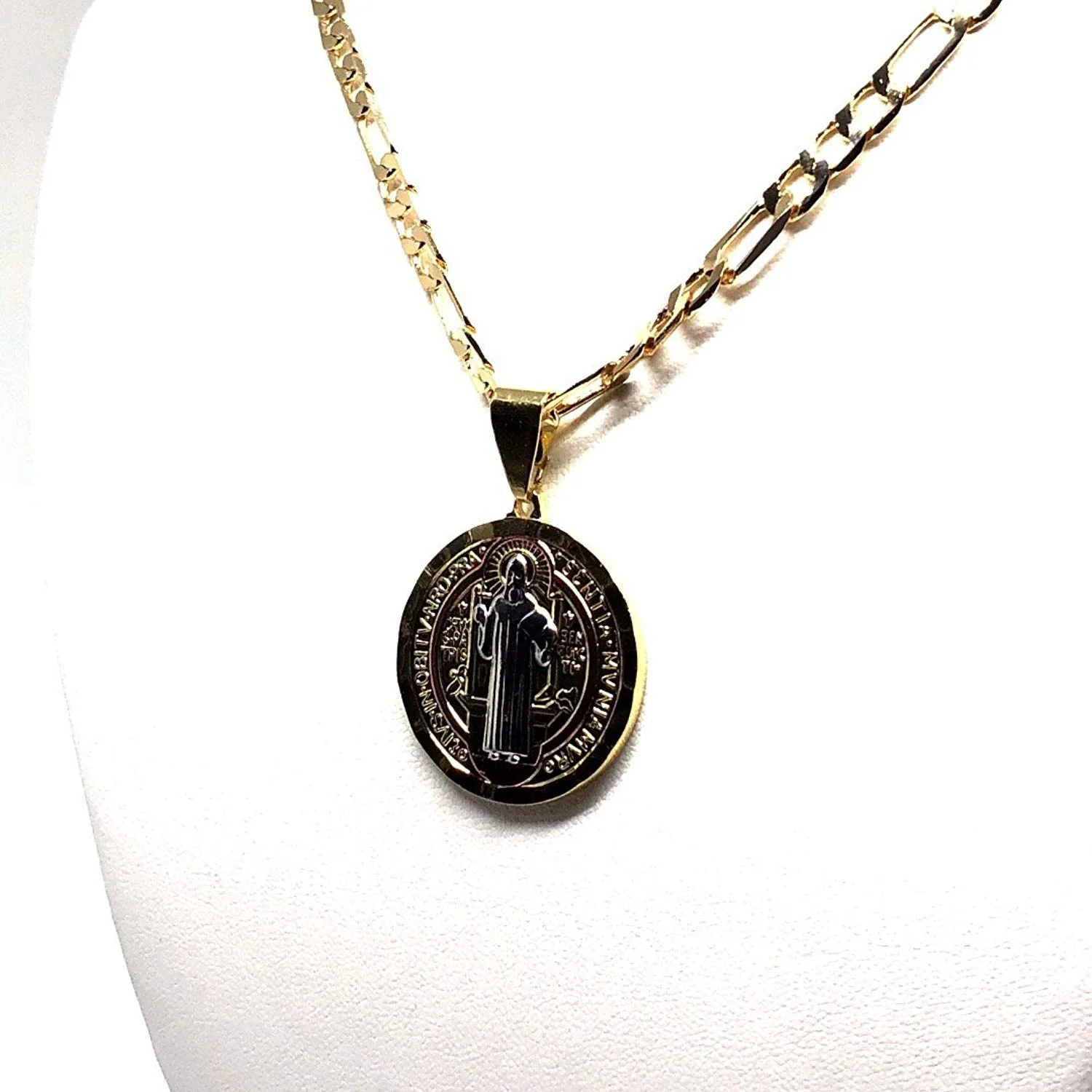 Gold Plated Tri-Color Saint Benedict Medal Necklace Figaro 26" San Benito Medalla Oro Laminado - Image 6