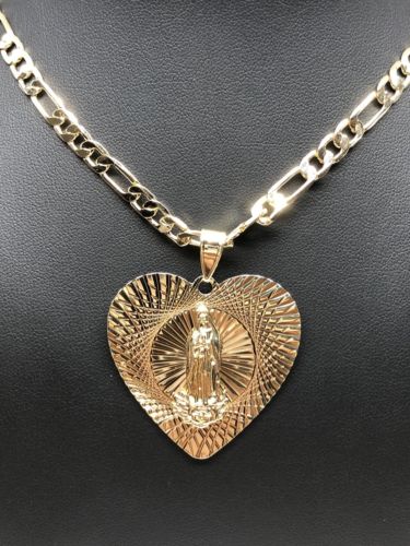 Gold Plated Virgin Mary Heart Corazón Pendant 26" Chain - Image 3