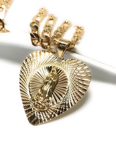 Gold Plated Virgin Mary Heart Corazón Pendant 26" Chain - Image 6