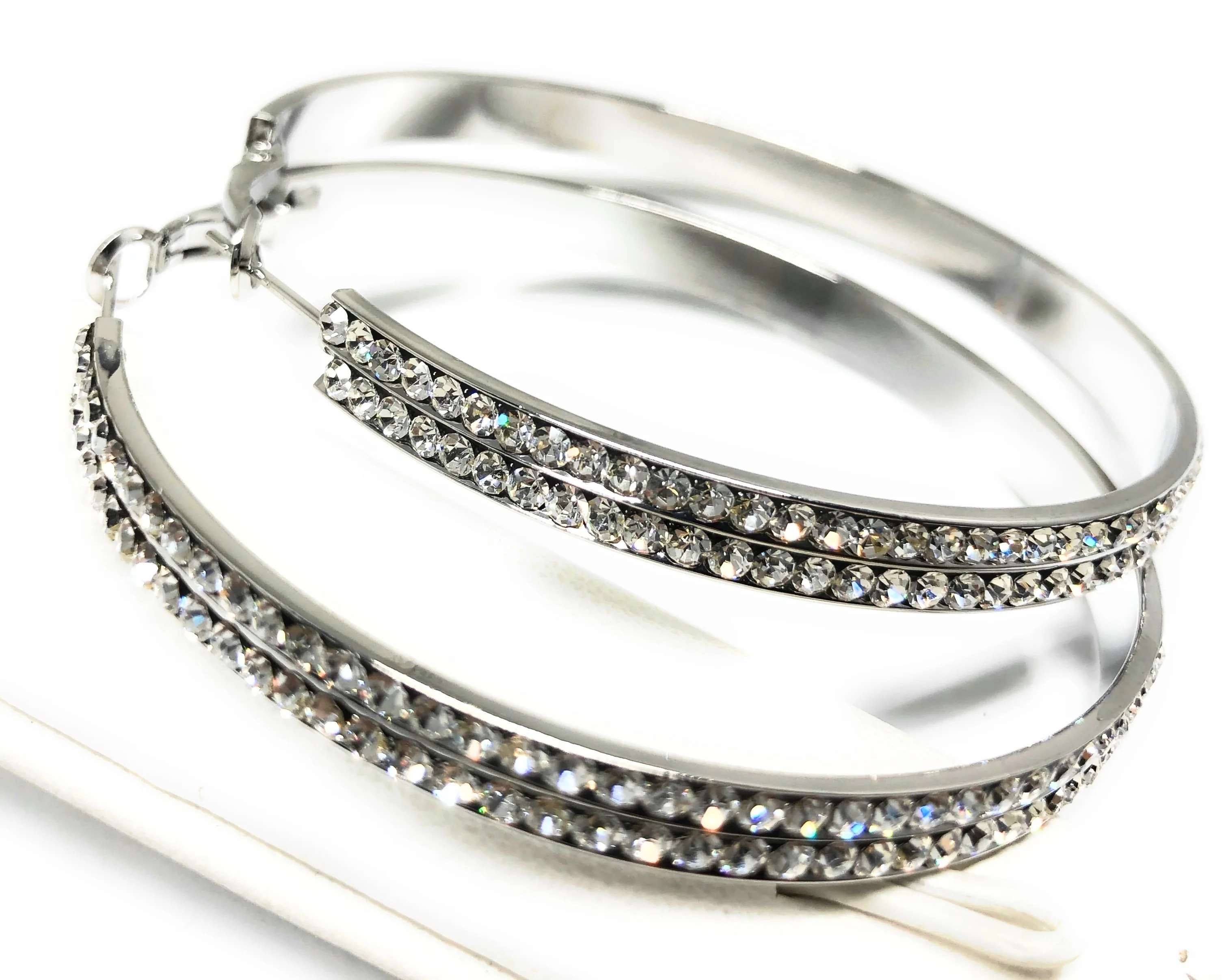 White Gold Plated Double Hoop Earrings CZ Stones Aretes Arracadas - Image 2