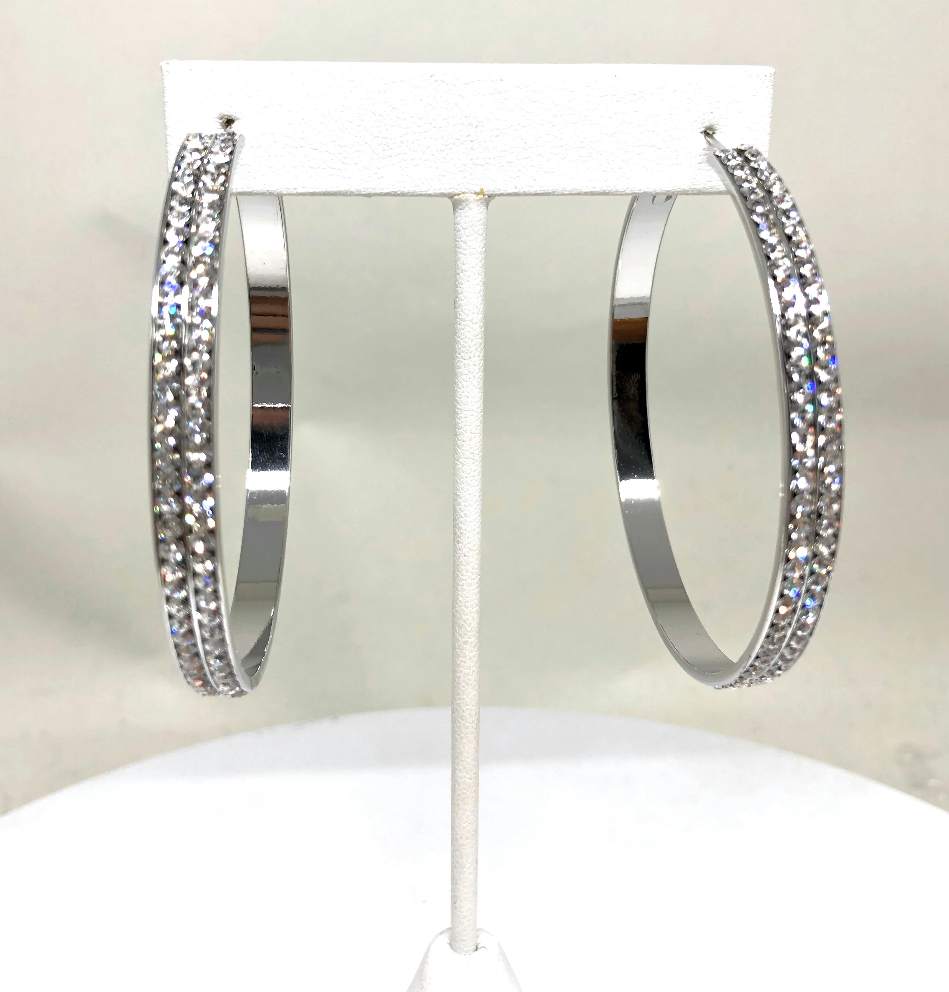 White Gold Plated Double Hoop Earrings CZ Stones Aretes Arracadas - Image 4