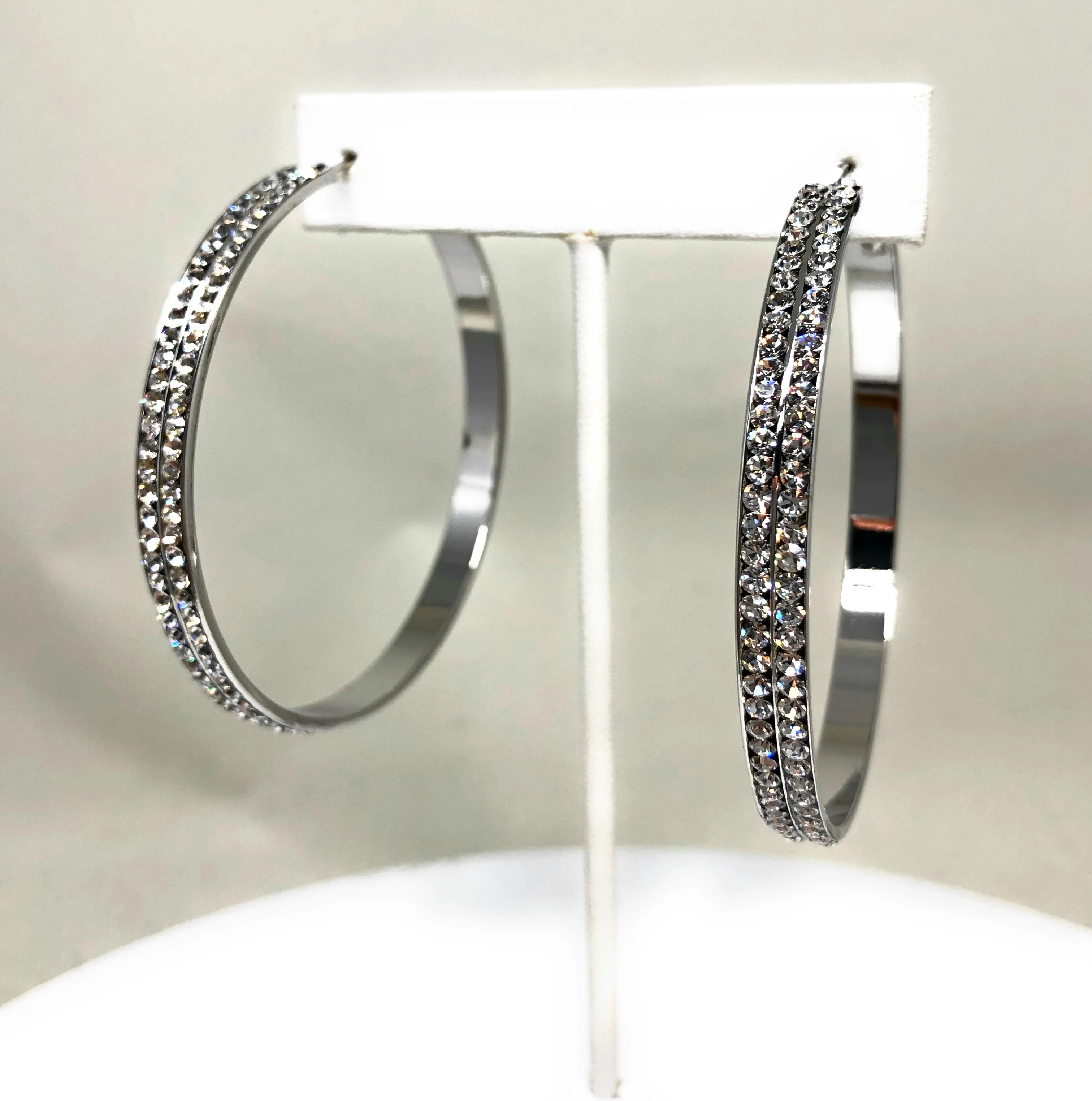 White Gold Plated Double Hoop Earrings CZ Stones Aretes Arracadas - Image 5