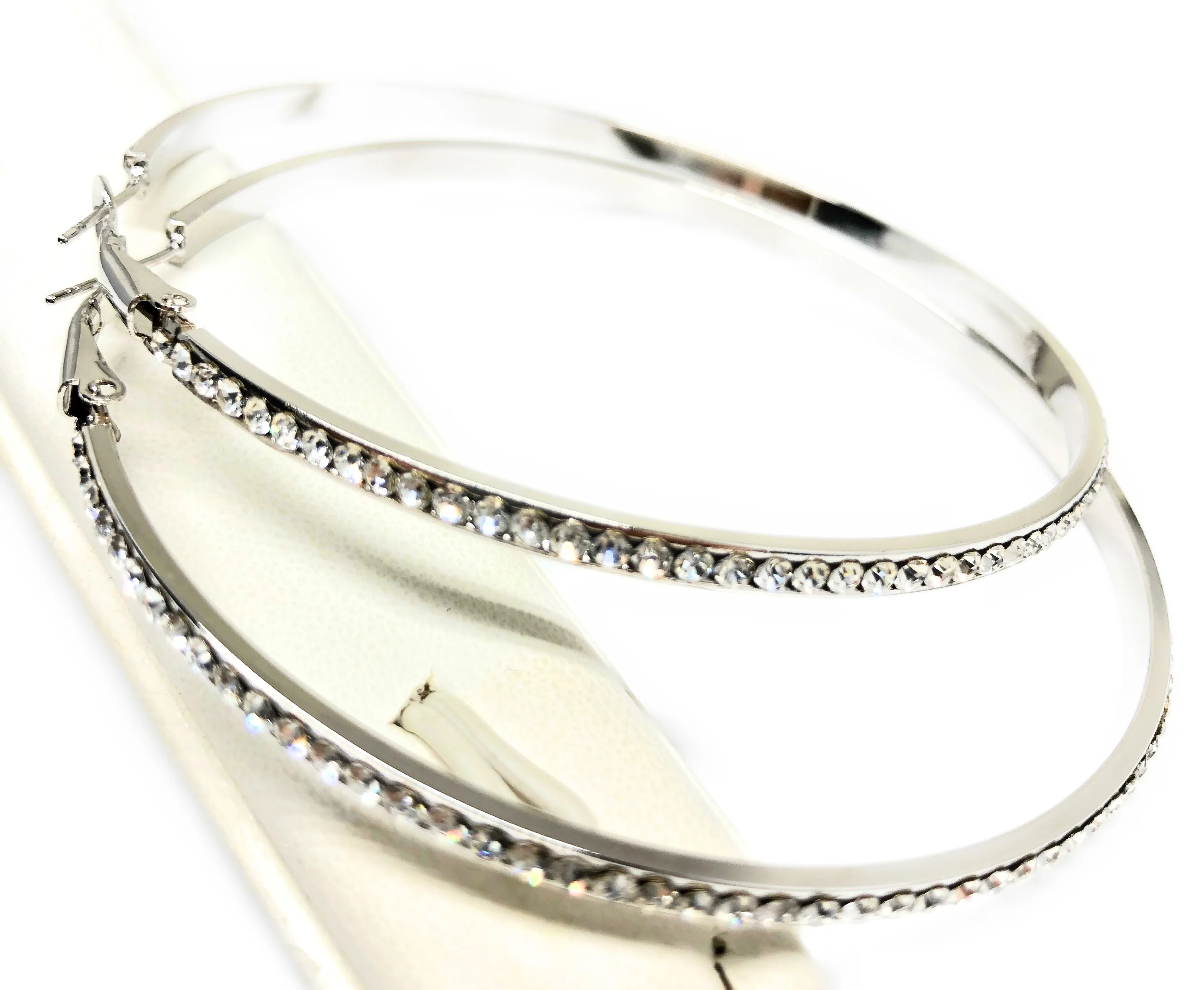 White Gold Plated Hoop Earrings CZ Stones Aretes Arracadas - Image 3