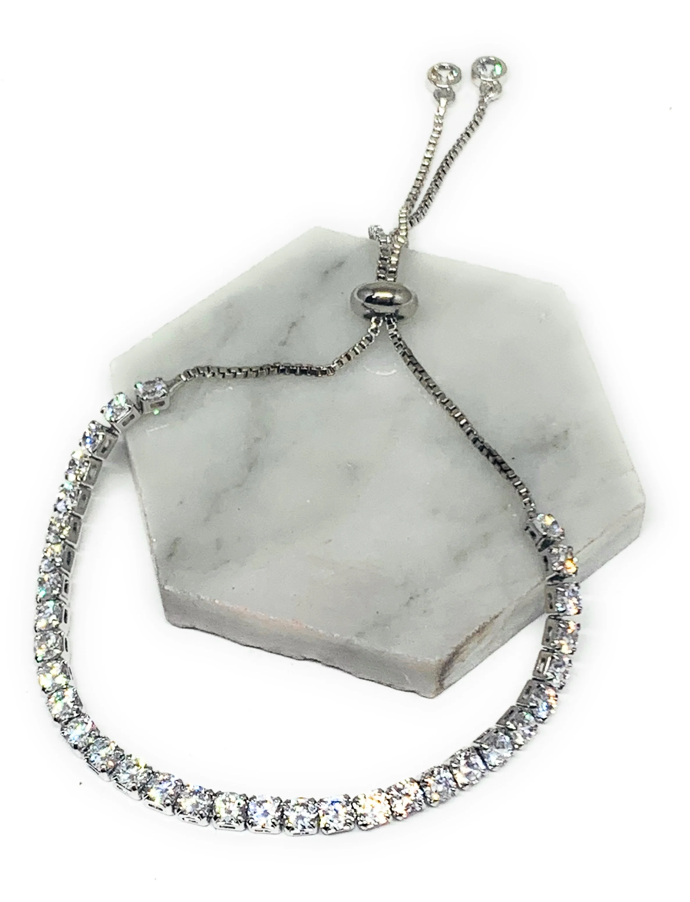 Gold Plated Cubic Zirconia Baguette Adjustable Tennis Bracelet 8” Box Chain - Image 2